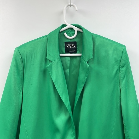 Zara Satin Effect Straight Cut Single Breasted Boyfriend Blazer Kelly Green Med - Picture 4 of 12